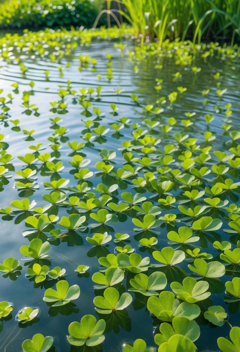 Close-up view of a pond surface covered with green duckweed plants floating on clear water.
