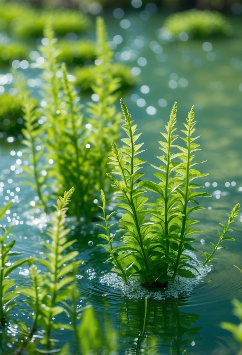 Close-up of green Anacharis plants growing underwater in a clear pond with sunlight filtering through.