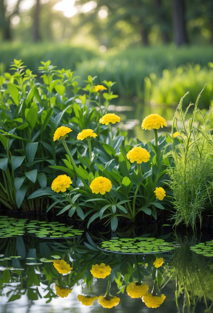 A pond with Marsh Marigold plants blooming with yellow flowers along the water's edge surrounded by other aquatic plants.