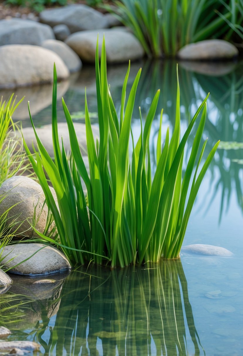 Sweet Flag plants with long green leaves growing at the edge of a clear pond with clean water and surrounding stones.
