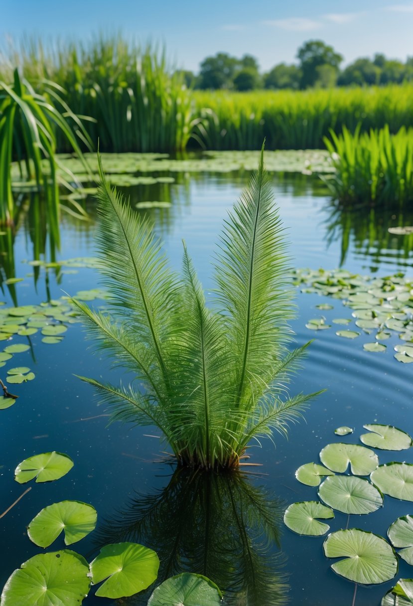 A clear pond filled with green Parrot's Feather plants and various other aquatic plants, showing clean water and healthy vegetation.