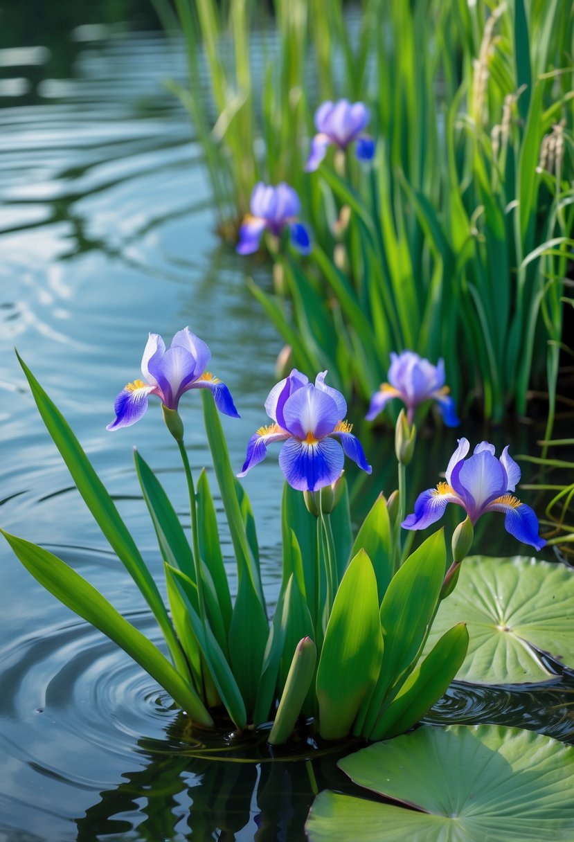 A clear pond with vibrant Water Iris plants growing along the edge, featuring green leaves and purple-blue flowers.