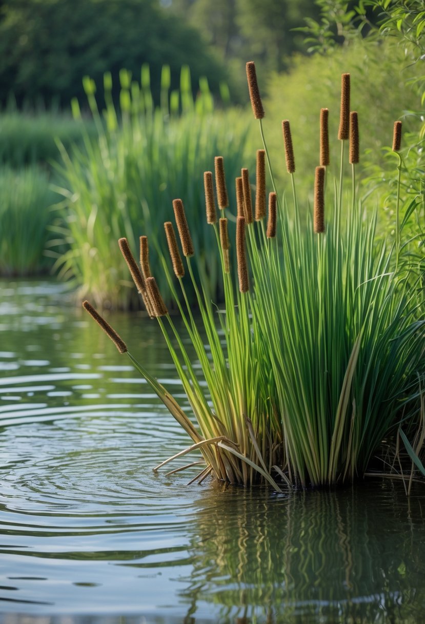 A clear pond with tall bulrush plants growing densely along the water's edge under natural light.