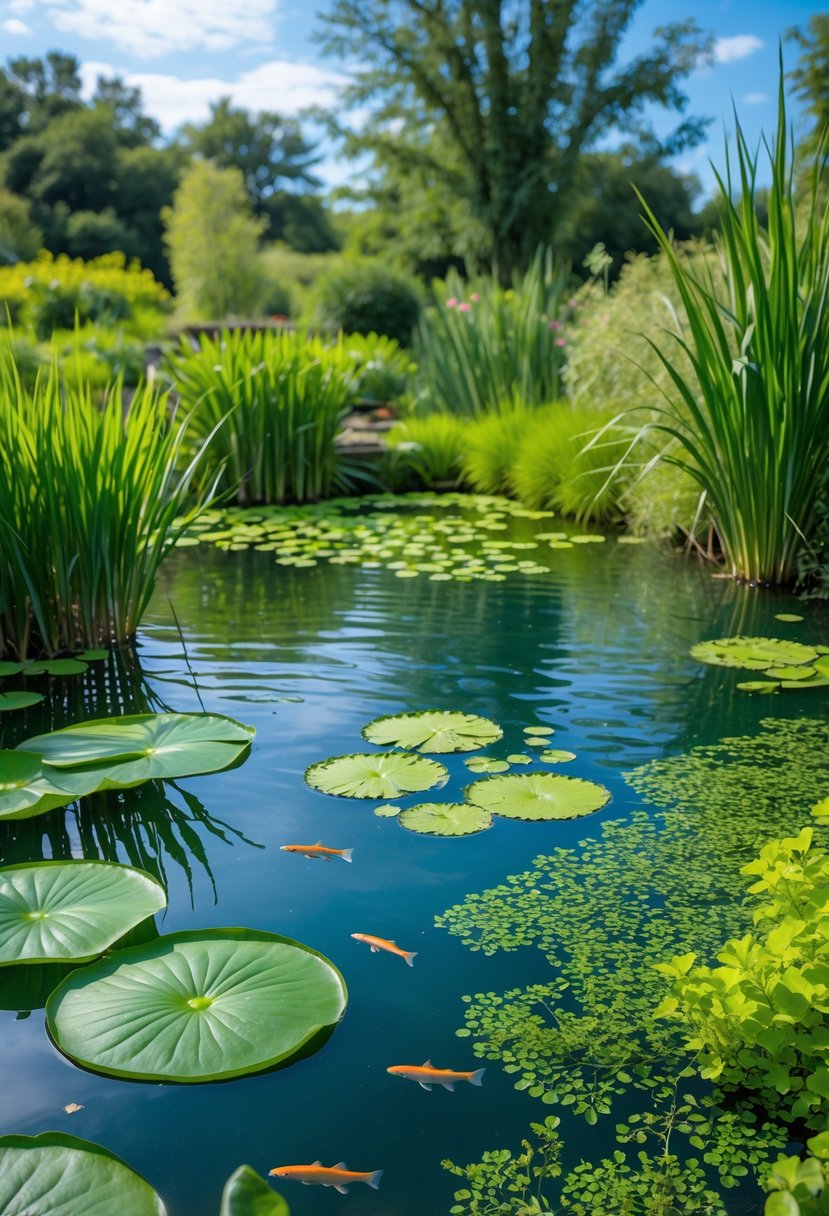 A clear pond filled with various aquatic plants including water lilies, cattails, and submerged greenery, surrounded by natural vegetation and small fish swimming in the water.