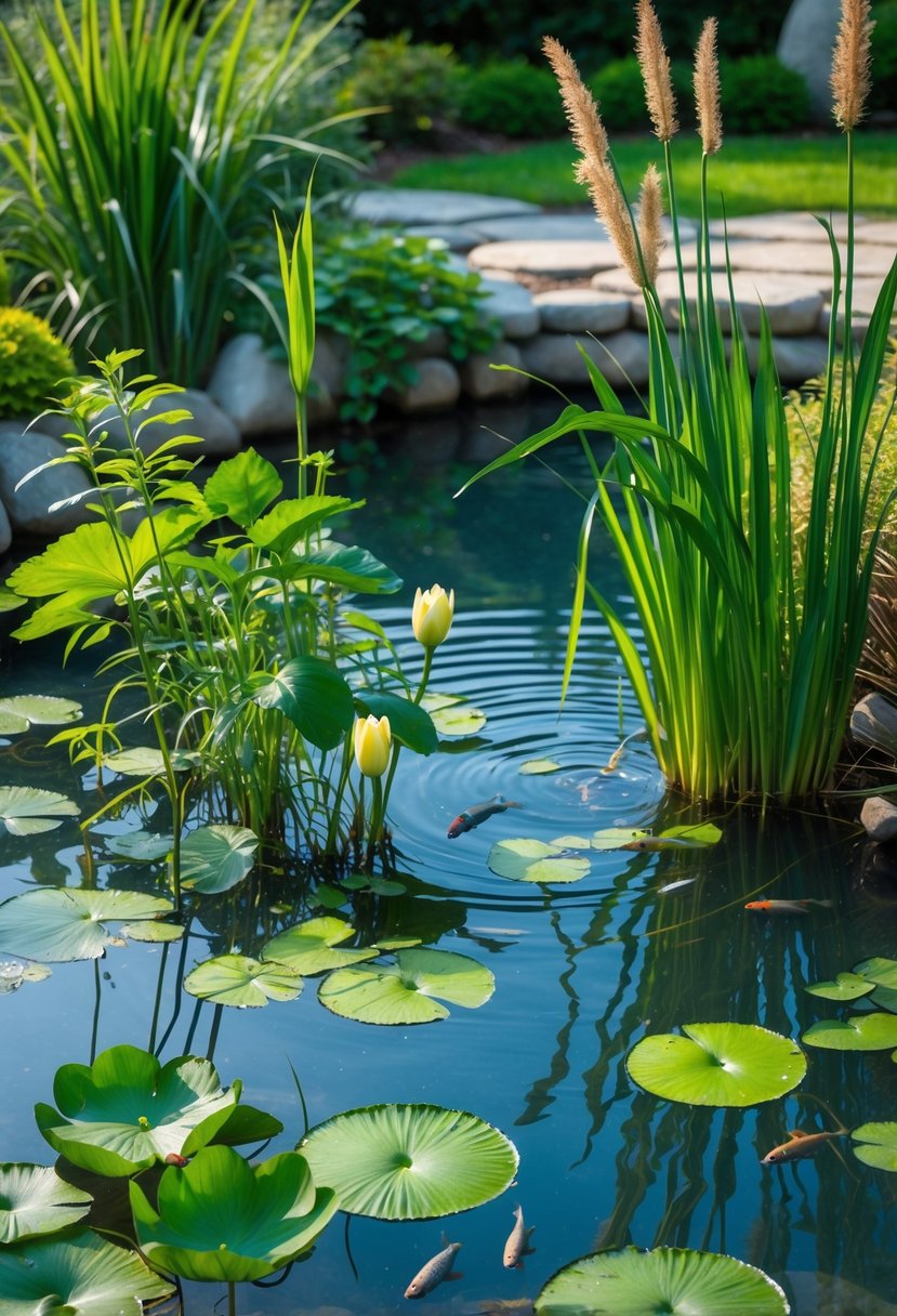 A clear garden pond with various aquatic plants including water lilies, reeds, and floating plants surrounded by greenery and stones.