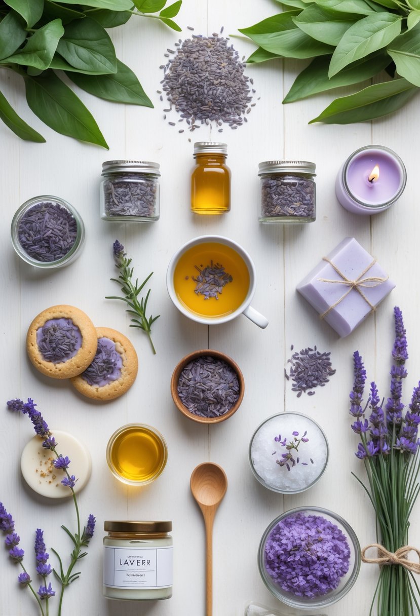 A flat lay of lavender leaves and twelve different lavender-based items including oils, sachets, skincare products, tea, honey, cookies, bath salts, a candle, and a small lavender bouquet on a light wooden surface.