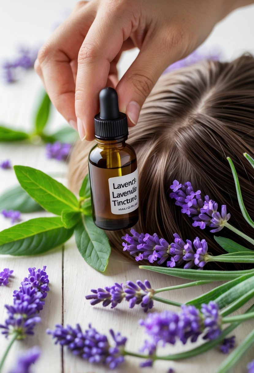 A person applying lavender tincture to their scalp with fresh lavender leaves nearby.