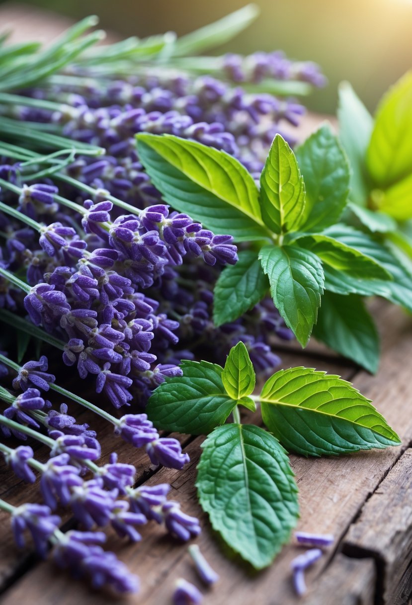 Close-up of lavender leaves and lemon balm leaves on a wooden surface in soft evening light.