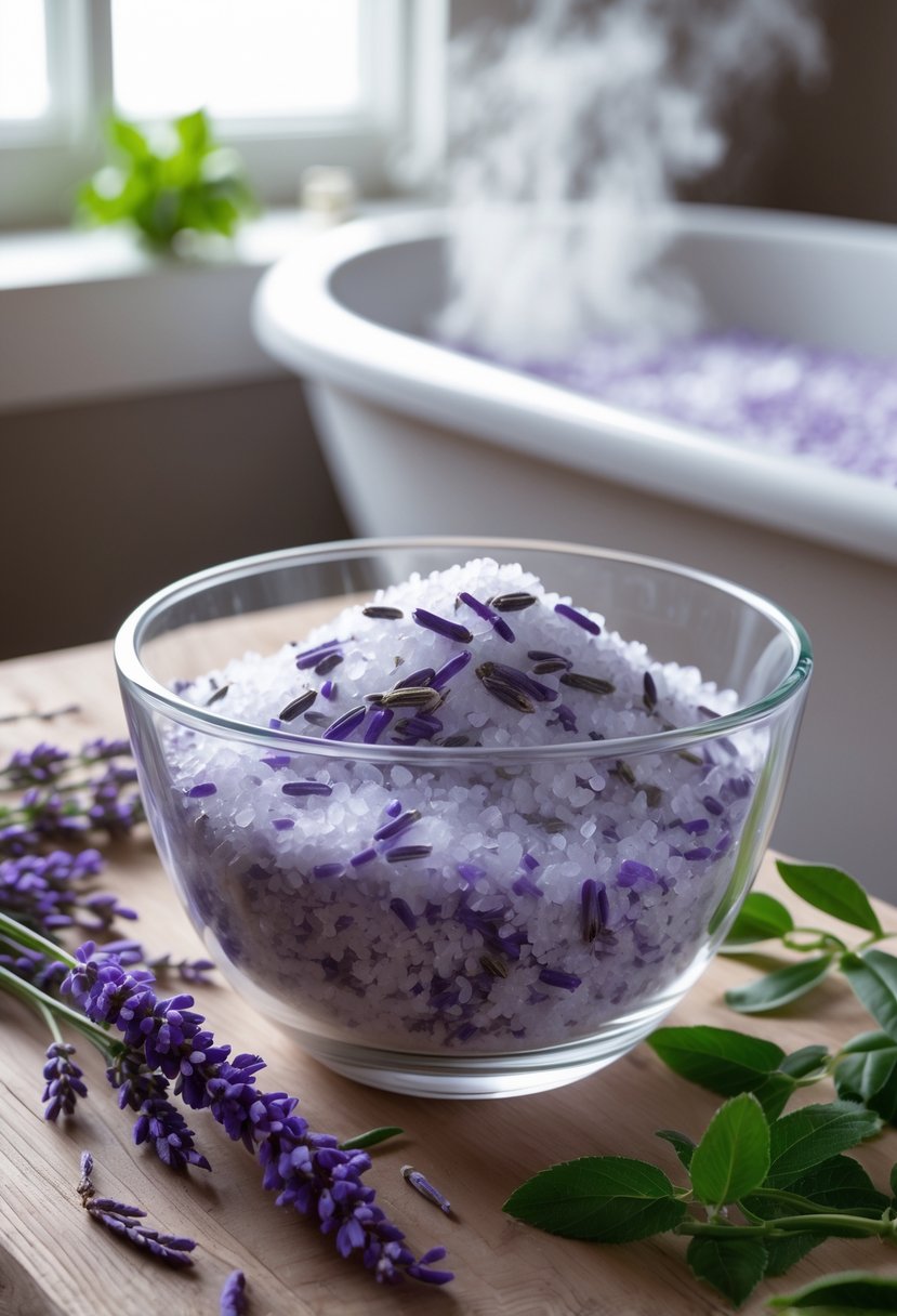 A bowl of lavender leaf bath salts with fresh lavender sprigs on a wooden surface next to a steaming bathtub.