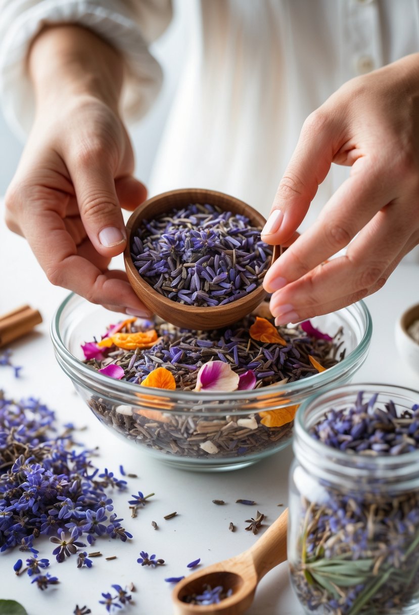 Hands mixing dried lavender leaves into a bowl of homemade potpourri with various dried flowers and natural ingredients on a bright surface.