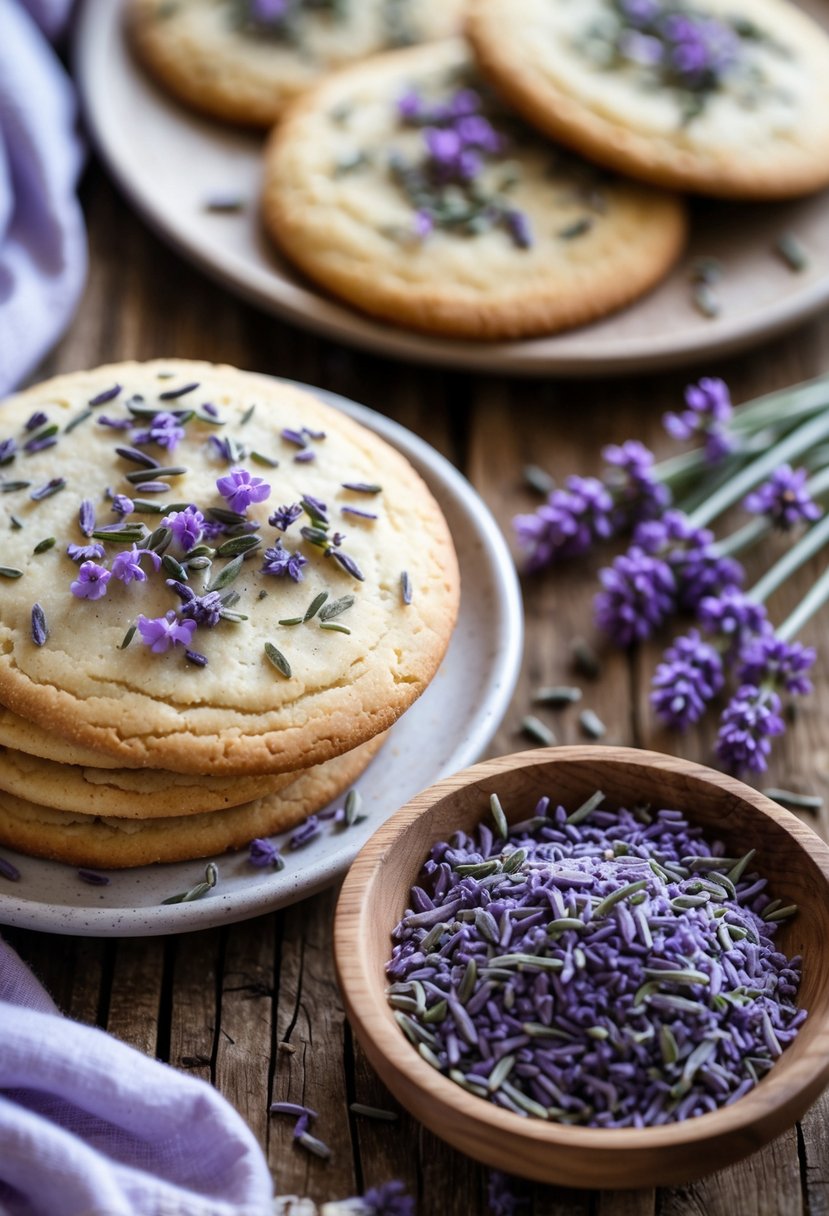Close-up of cookies and a cake garnished with finely chopped lavender leaves on a wooden table, with a bowl of chopped lavender and lavender sprigs nearby.