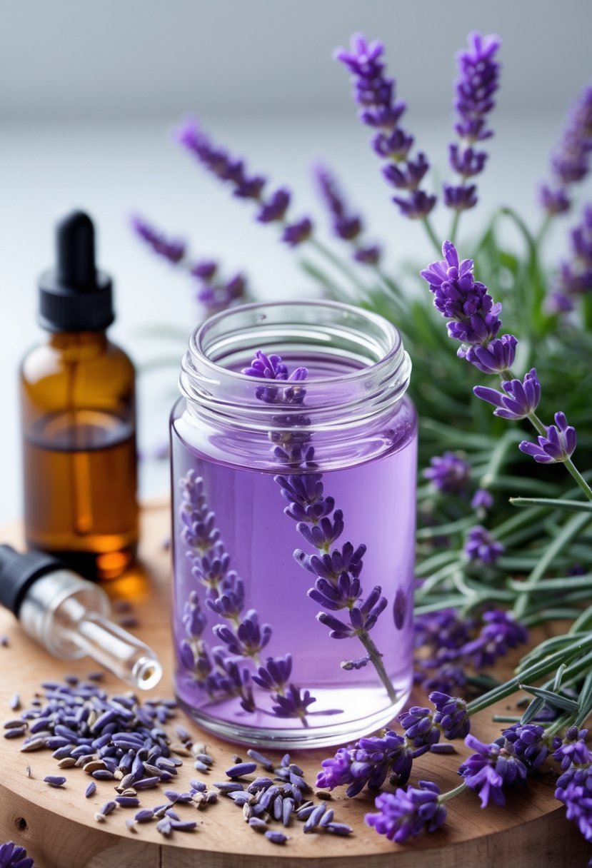 A glass jar of lavender tincture surrounded by fresh lavender leaves and herbal preparation tools on a wooden surface.