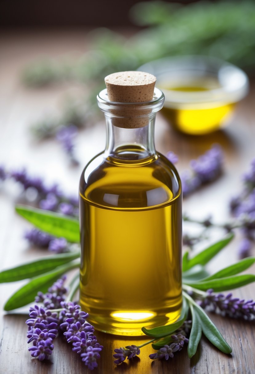 A glass bottle of olive oil surrounded by fresh lavender leaves on a wooden surface.