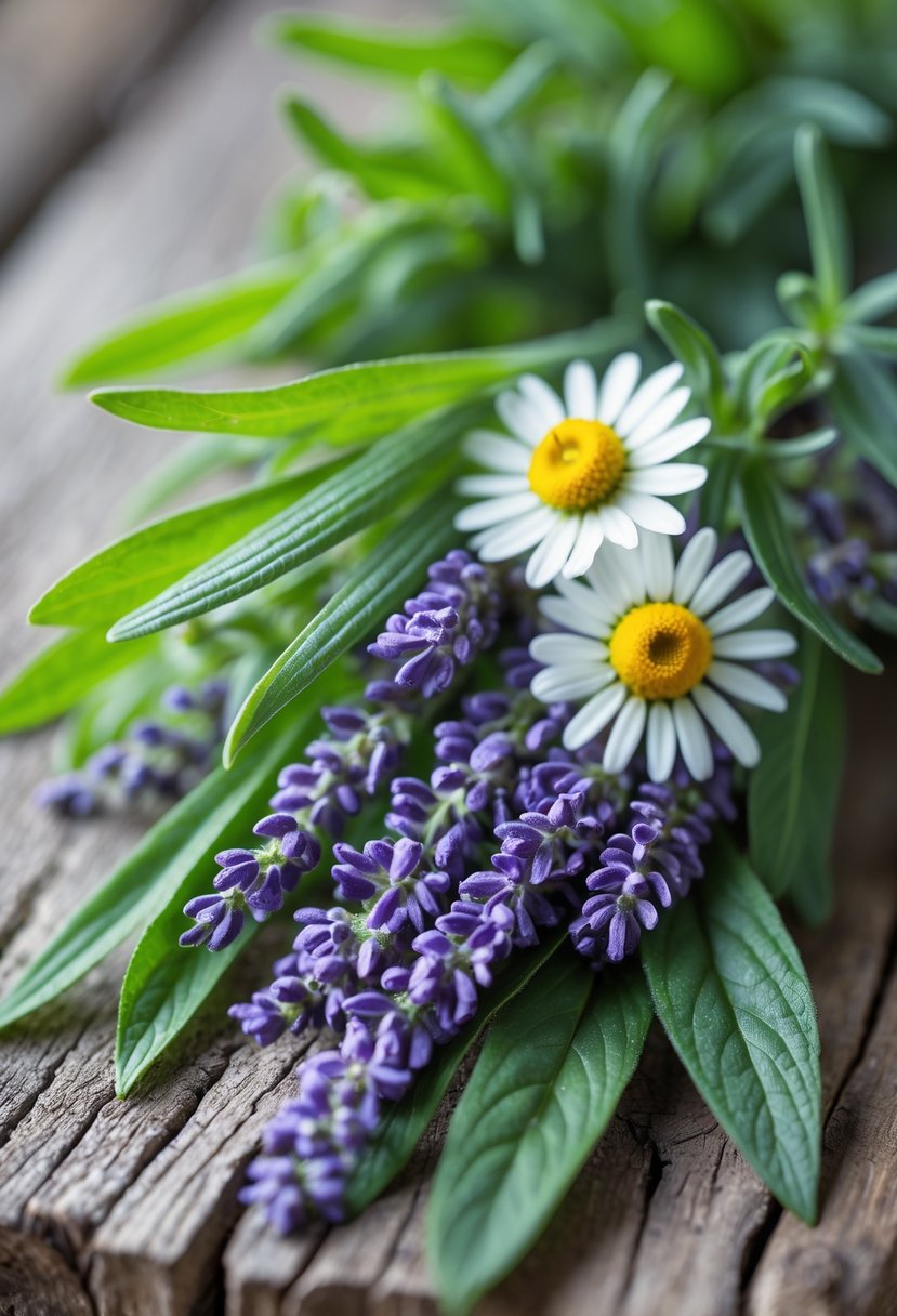 Close-up of fresh lavender leaves and chamomile flowers arranged on a wooden surface.