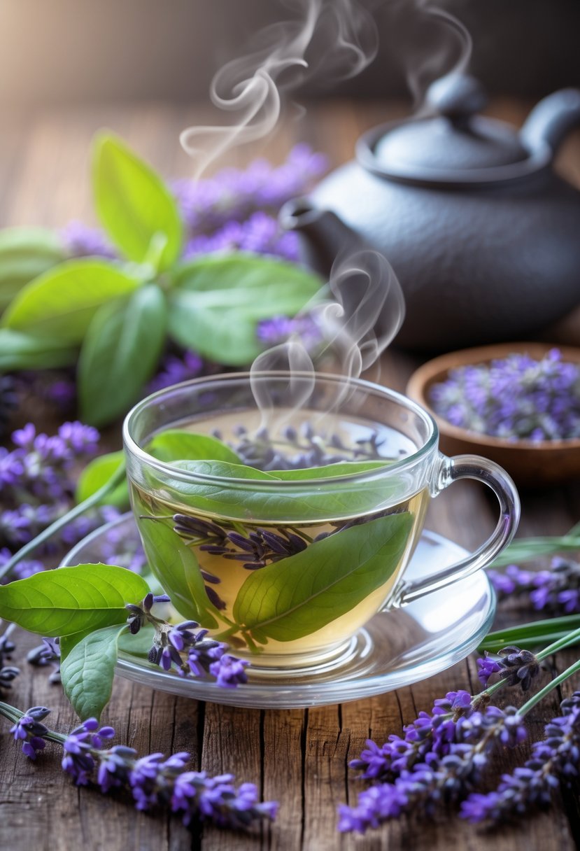 A steaming glass cup of lavender leaf tea on a wooden table surrounded by fresh lavender leaves and flowers.