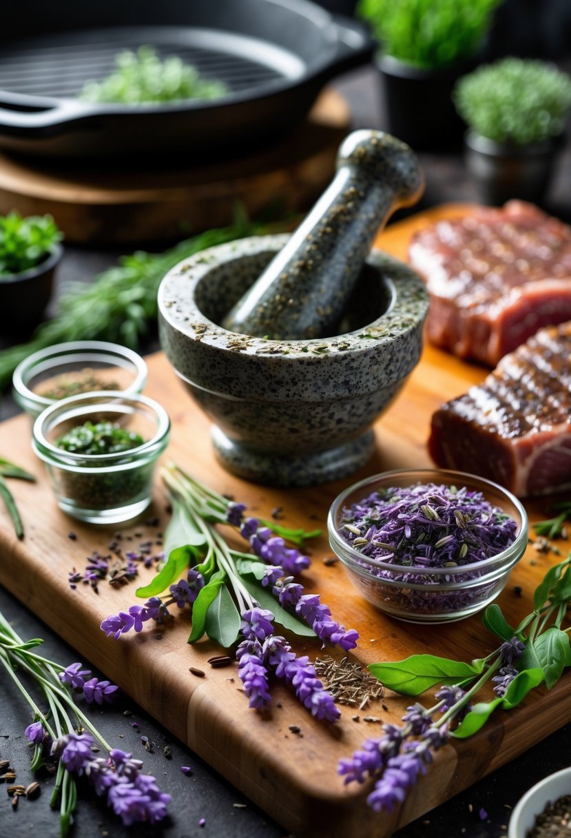A kitchen scene with fresh lavender, herbs, bowls of spices, and raw meat prepared for seasoning.