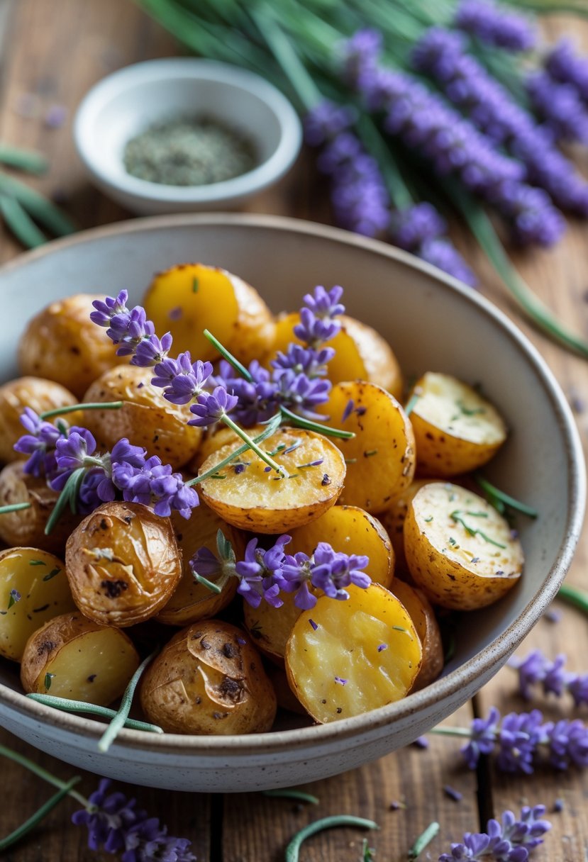 A bowl of roasted potatoes garnished with fresh lavender leaves on a wooden table with lavender sprigs in the background.