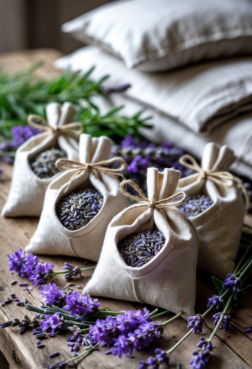 Close-up of lavender leaf sachets on a wooden table surrounded by fresh lavender sprigs and folded linens.