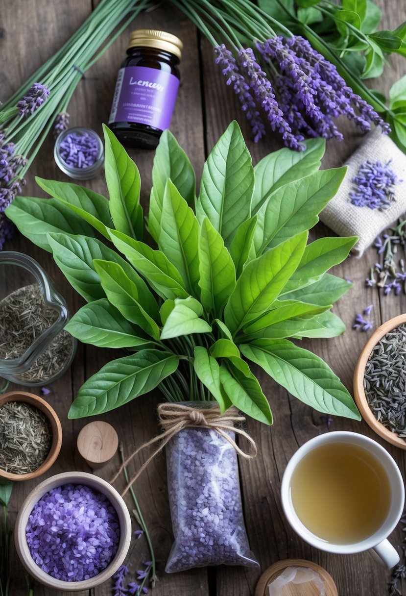Fresh lavender leaves arranged on a wooden surface with jars of lavender oil, dried lavender, bath salts, and a cup of lavender tea.