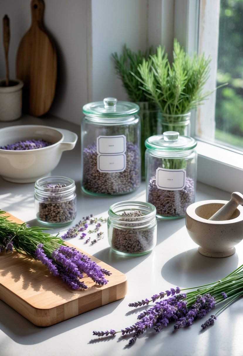 A kitchen countertop with fresh lavender leaves in glass jars and bowls, storage containers, a cutting board, and a ceramic teapot arranged neatly in natural light.