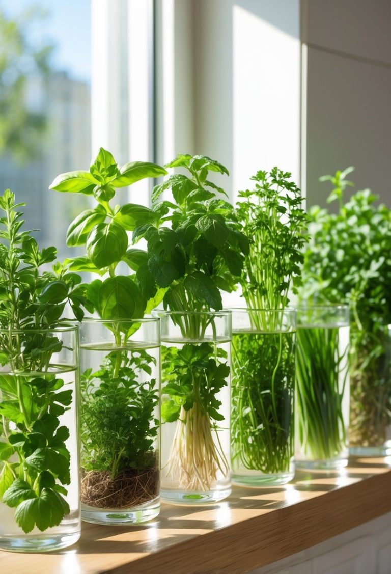 Ten different green herbs growing in clear glass containers filled with water on a windowsill indoors.