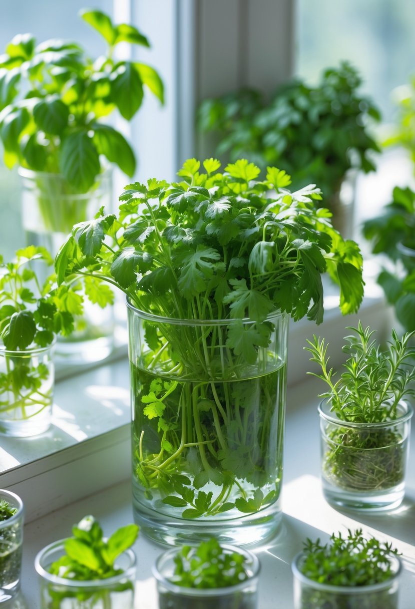 Fresh cilantro and nine other herbs growing in water in glass containers on a sunlit windowsill indoors.