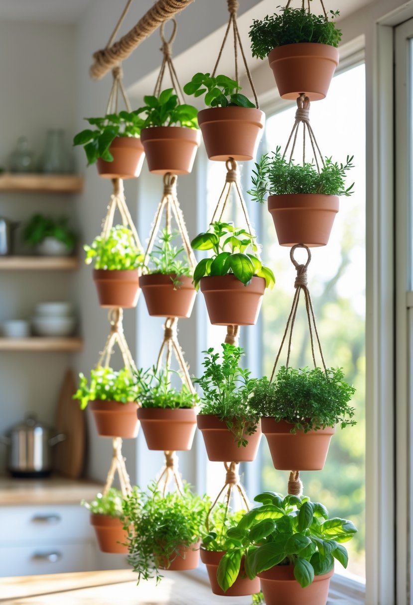 Indoor hanging herb garden with multiple pots of green herbs suspended near a sunlit window in a modern kitchen.