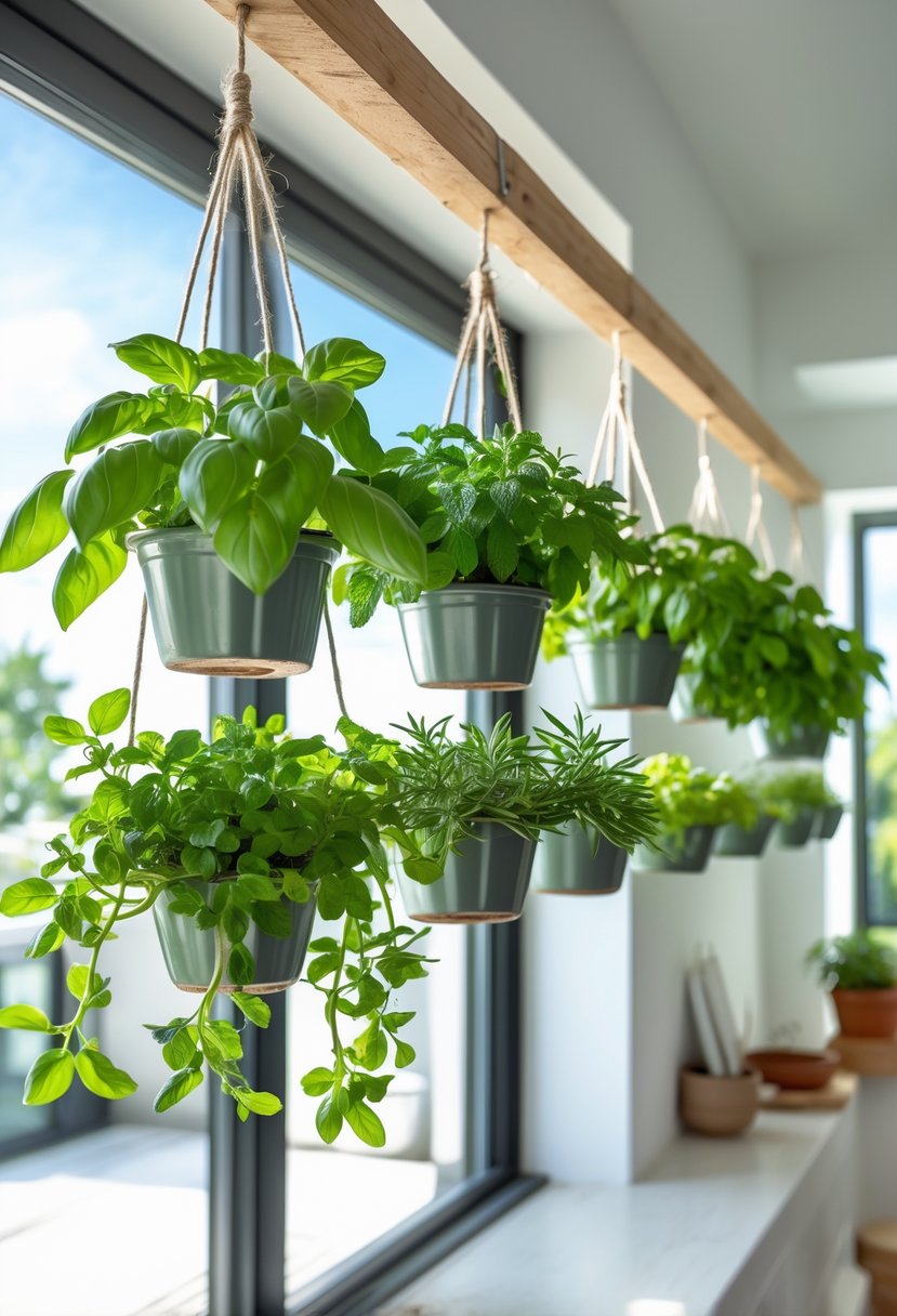 Indoor hanging herb garden with several pots of green herbs hanging near a sunlit window in a modern kitchen.