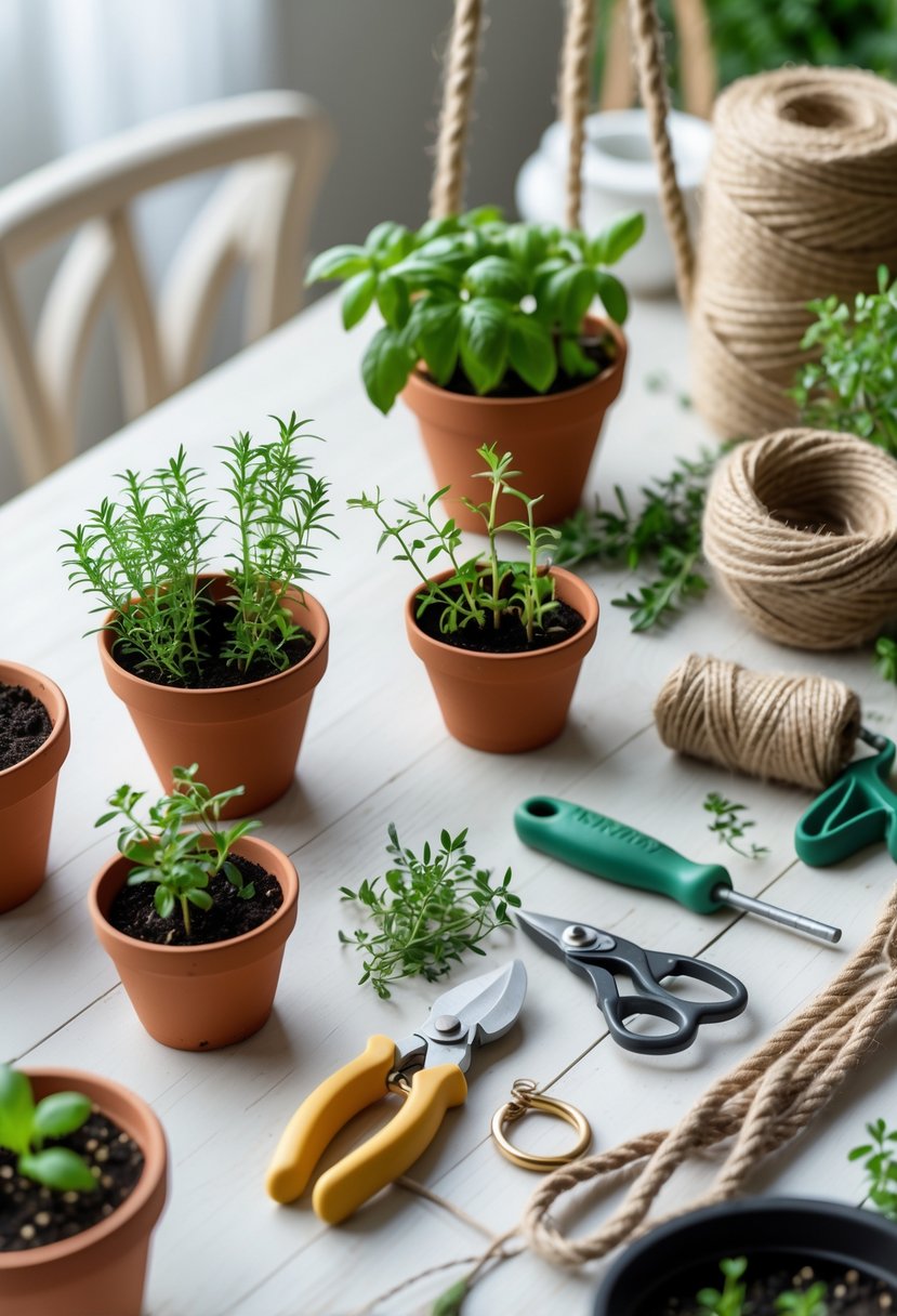 A table displaying pots with herb seedlings, gardening tools, twine, and hanging hardware for making a hanging herb garden.
