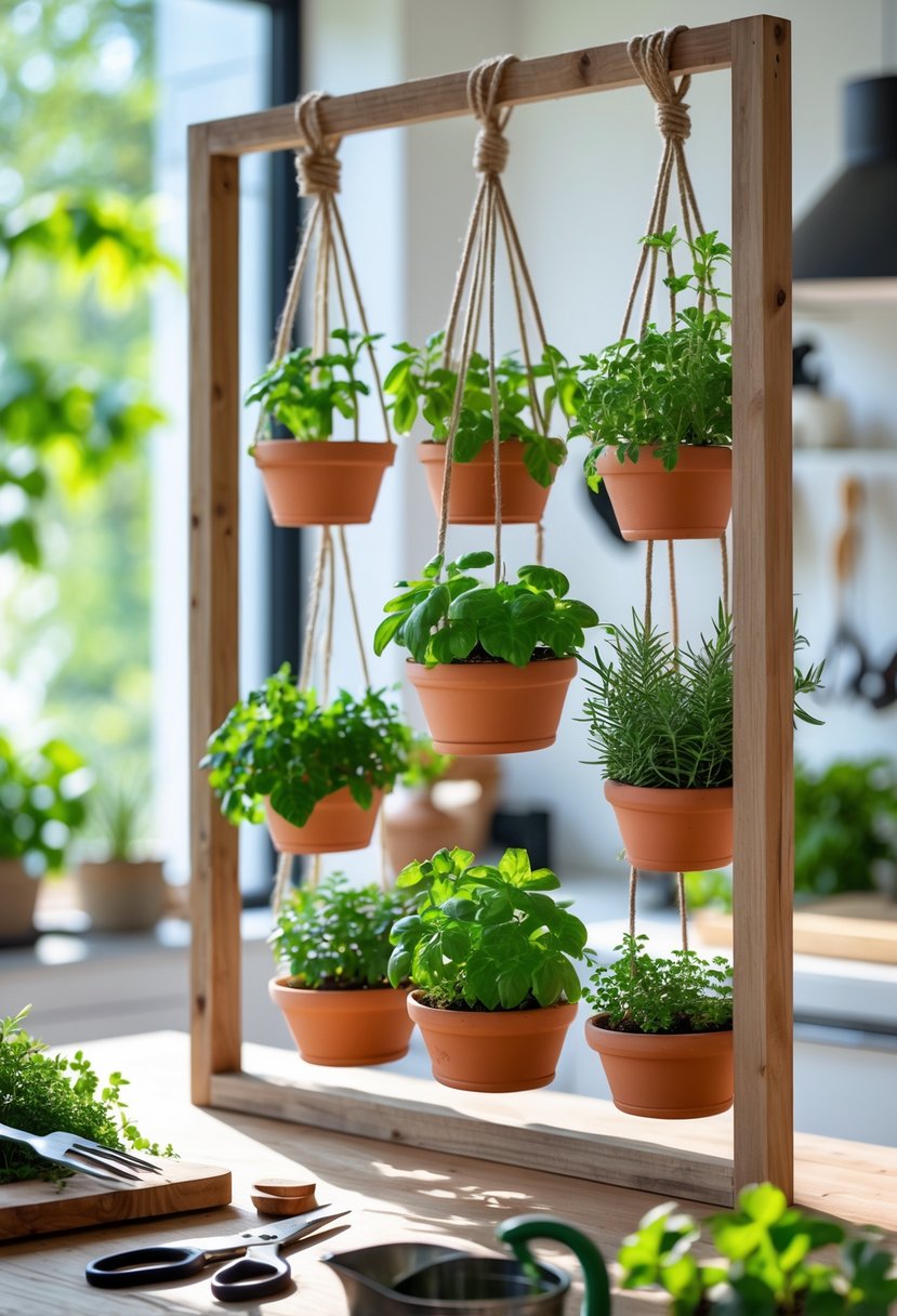 Indoor scene showing a hanging herb garden with pots of basil, mint, and rosemary suspended from a wooden frame, with gardening tools on a table below.