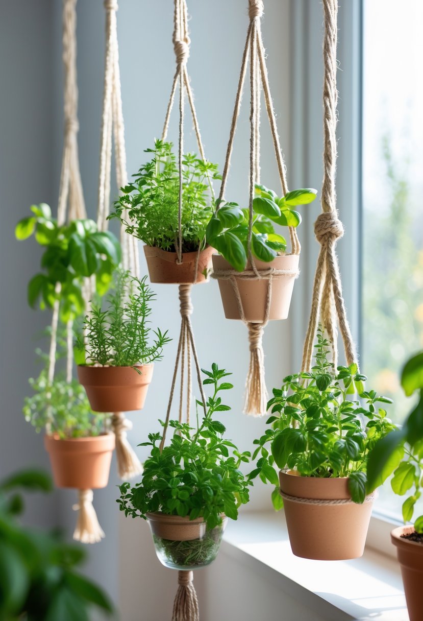 A bright indoor scene with various small pots of green herbs hanging from ropes near a window.