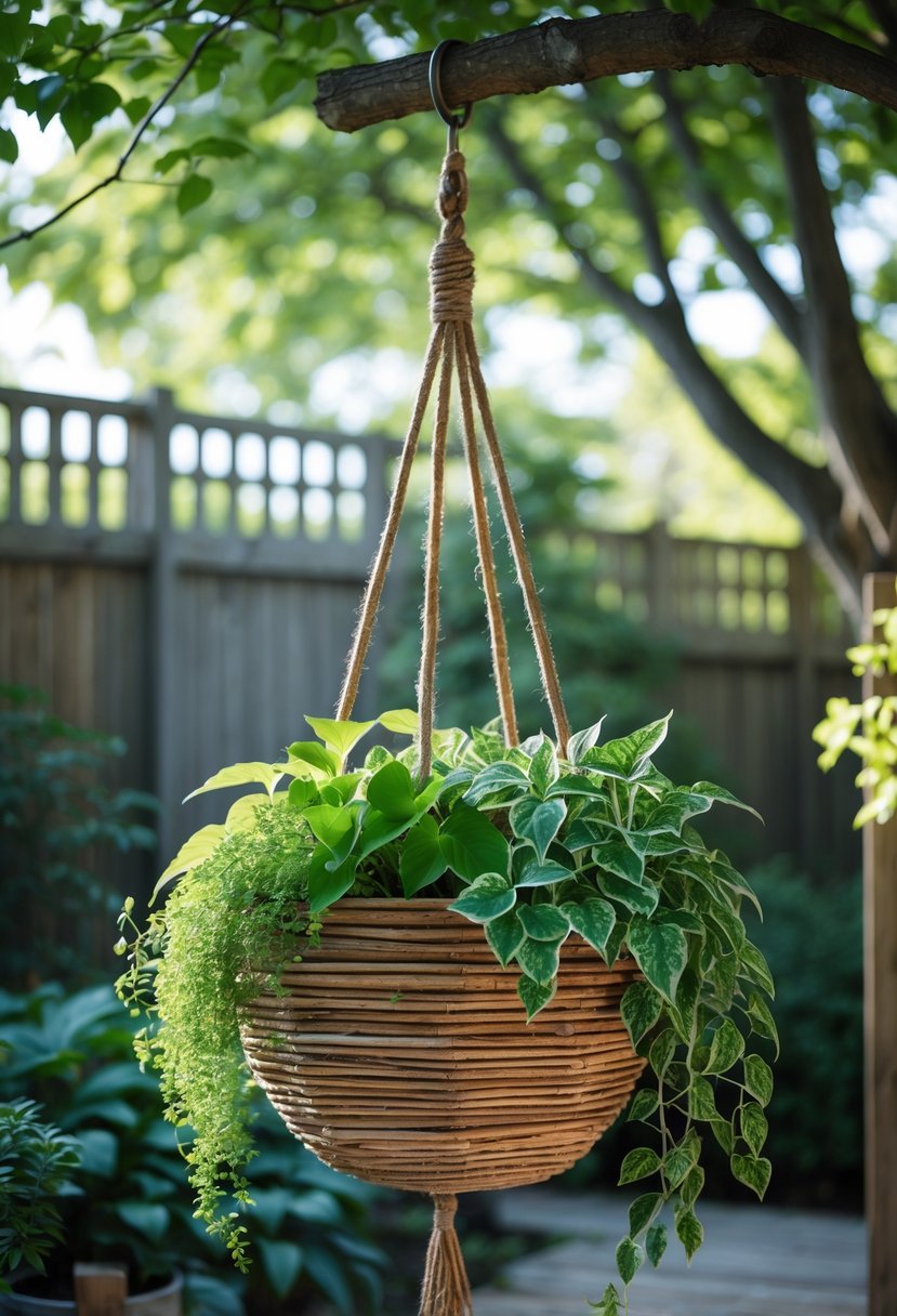 A hanging basket filled with green shade-loving plants suspended outdoors in a shaded garden area.