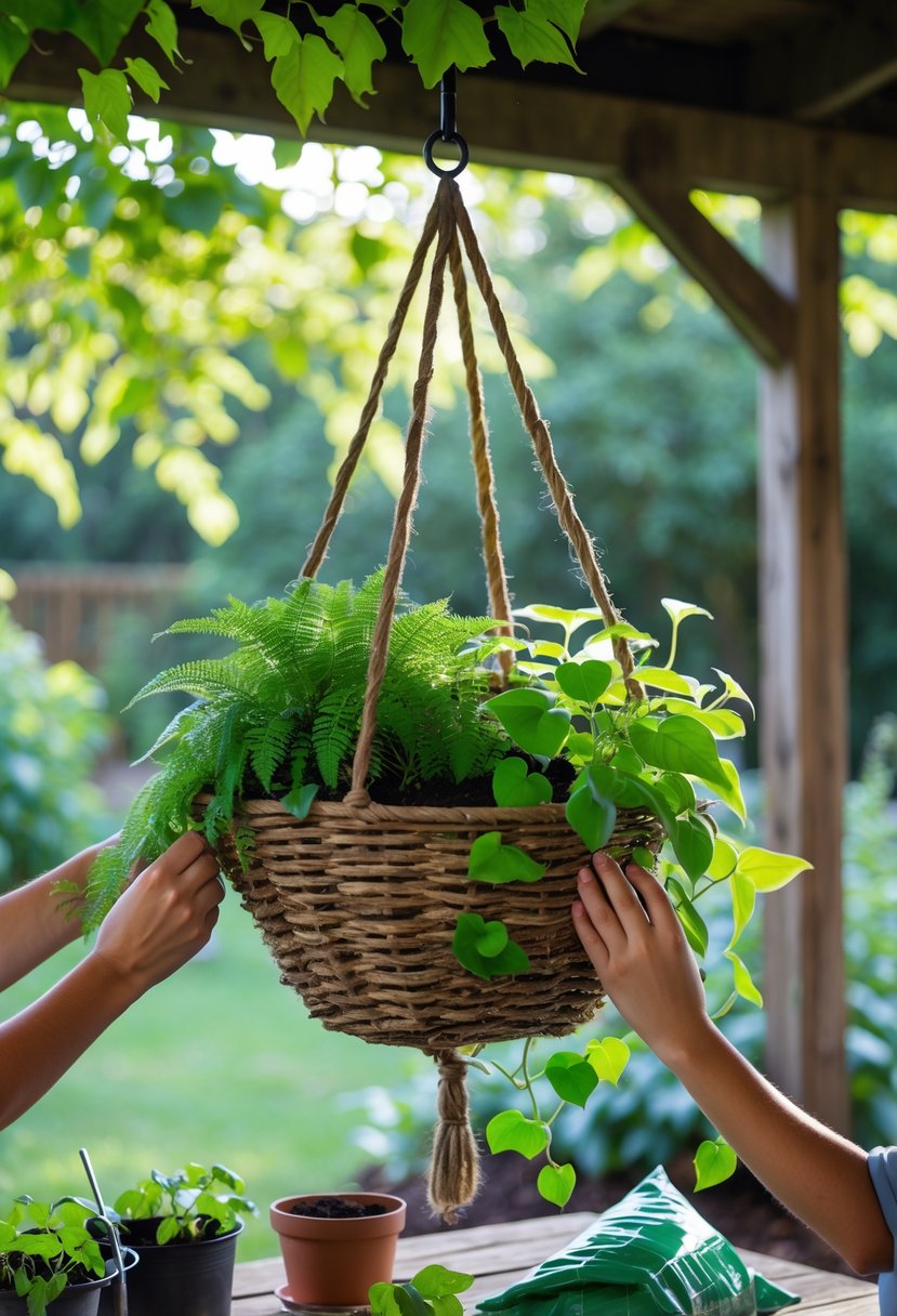 Hands arranging shade-loving plants in a hanging basket under a shaded porch with gardening tools nearby.