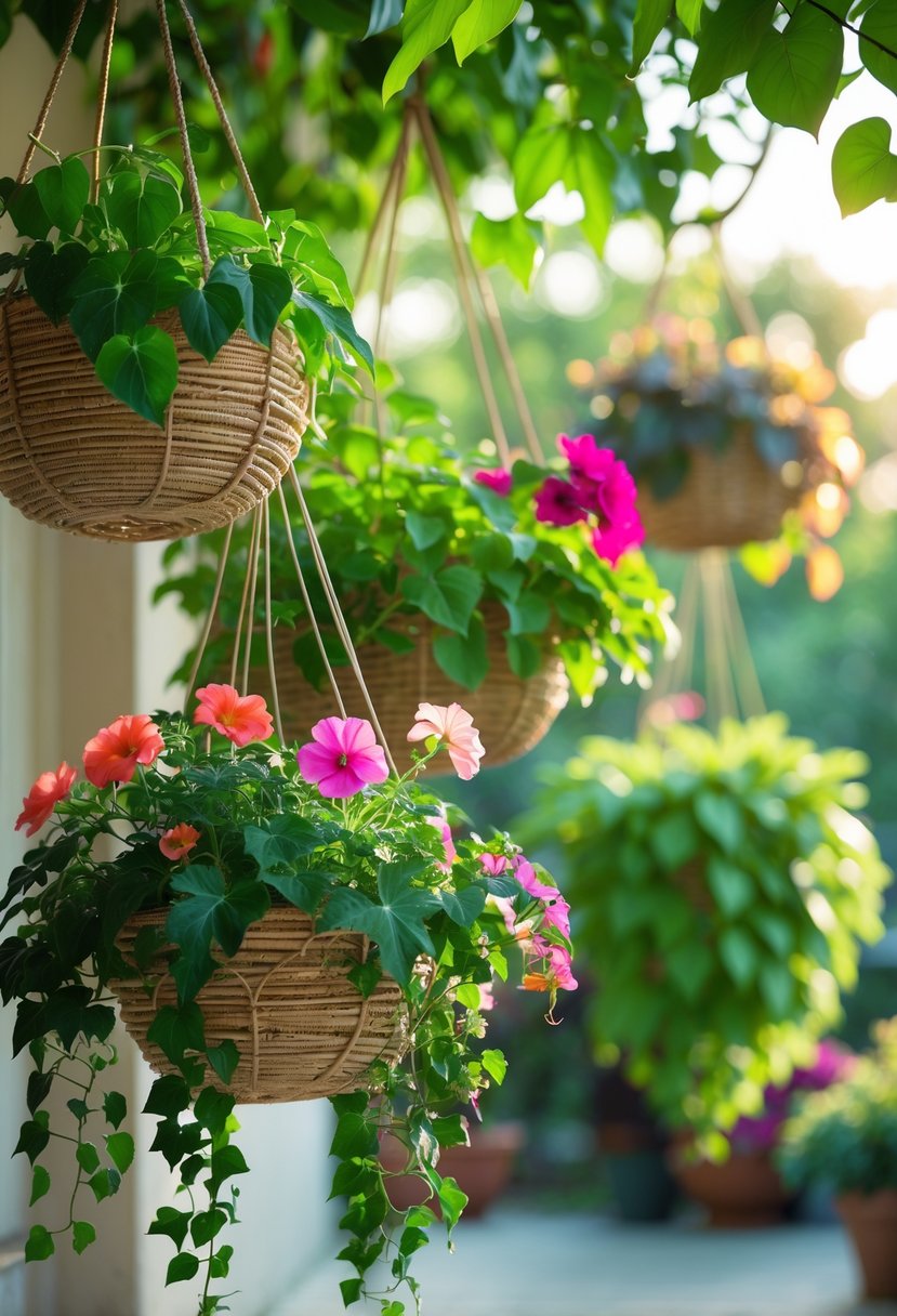 Hanging baskets filled with green and flowering plants hanging in a shaded garden area.