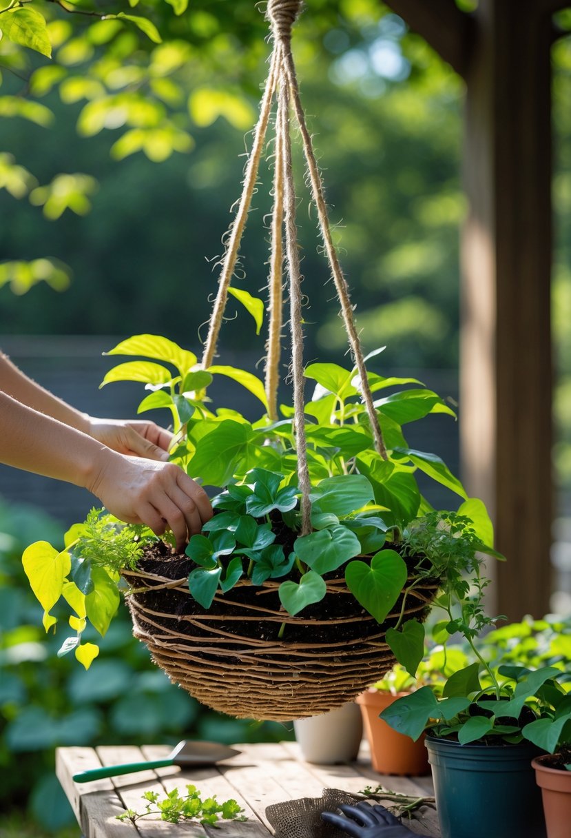 Hands planting green shade plants into a hanging basket suspended outdoors in a shaded garden area.