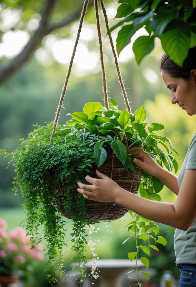 Hands caring for a shaded hanging basket filled with green plants outdoors in a garden.