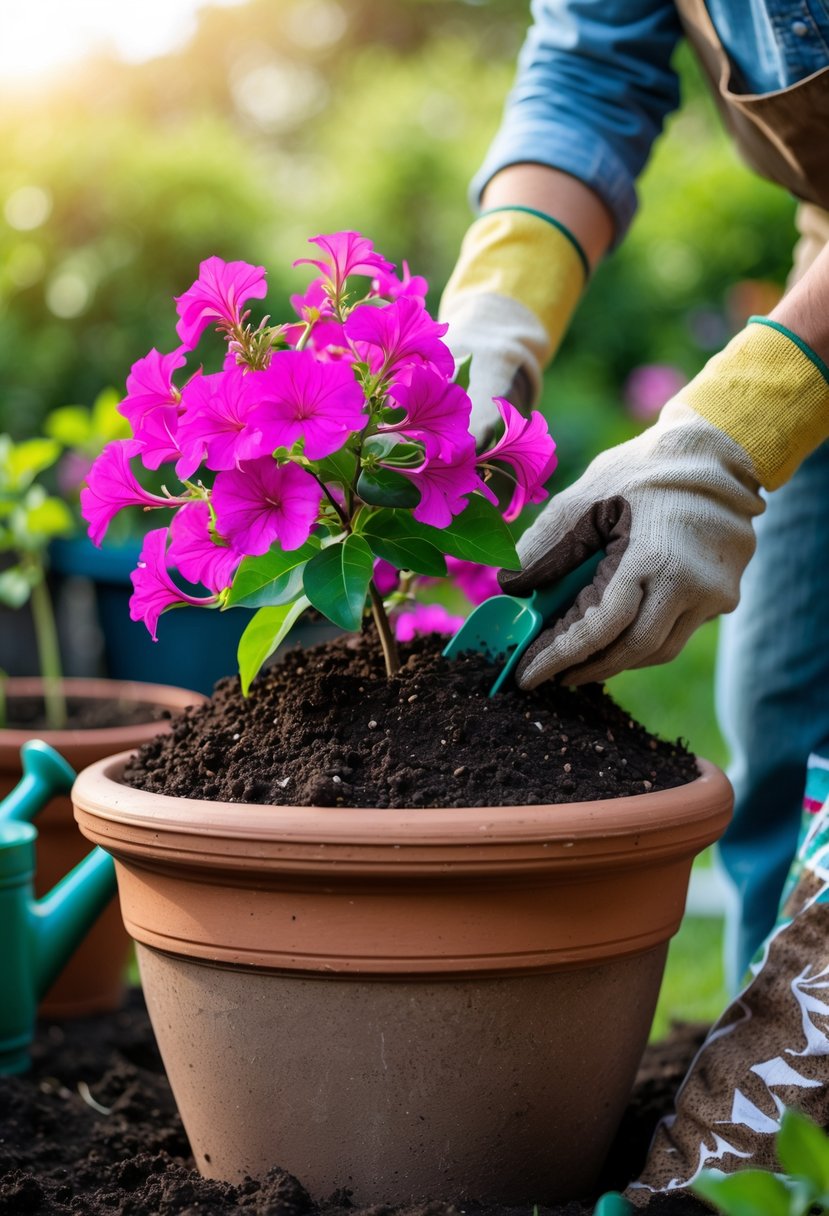 Hands planting a colorful bougainvillea plant into a terracotta pot with gardening tools nearby in an outdoor garden setting.