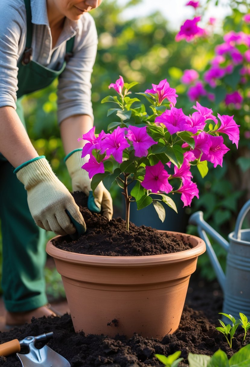 Hands planting a bougainvillea plant into a terracotta pot outdoors with gardening tools nearby.