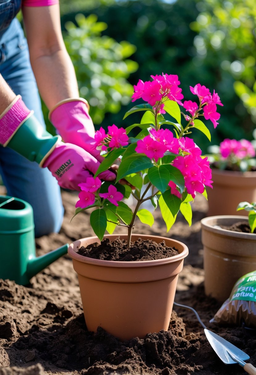 Hands planting a bougainvillea plant with pink flowers into a terracotta pot outdoors with gardening tools nearby.