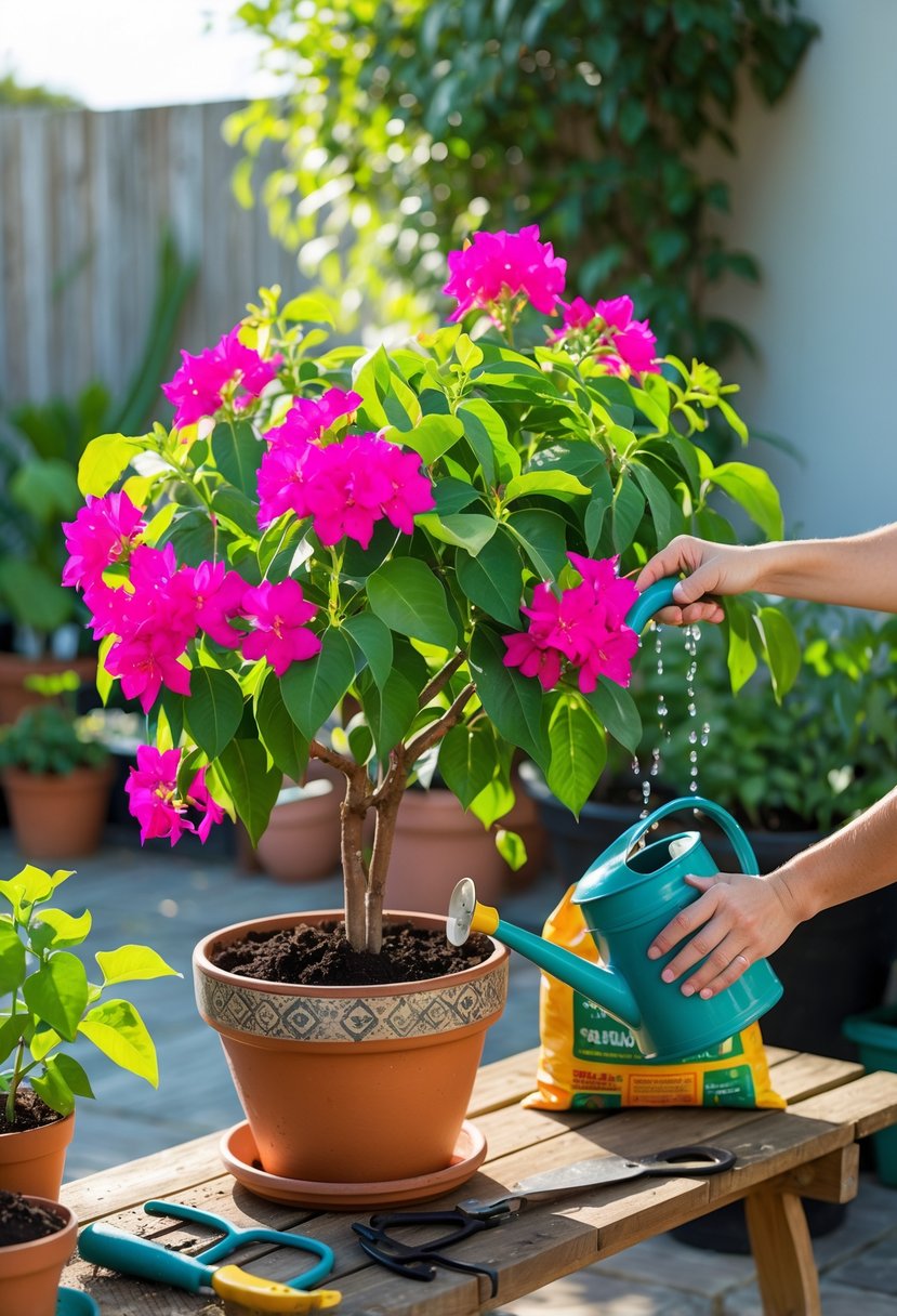 Hands watering a vibrant bougainvillea plant in a terracotta pot on an outdoor patio with gardening tools nearby.