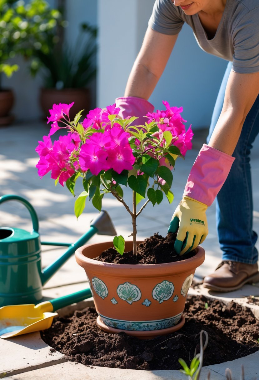 Person planting a colorful bougainvillea plant in a terracotta pot outdoors with gardening tools nearby.