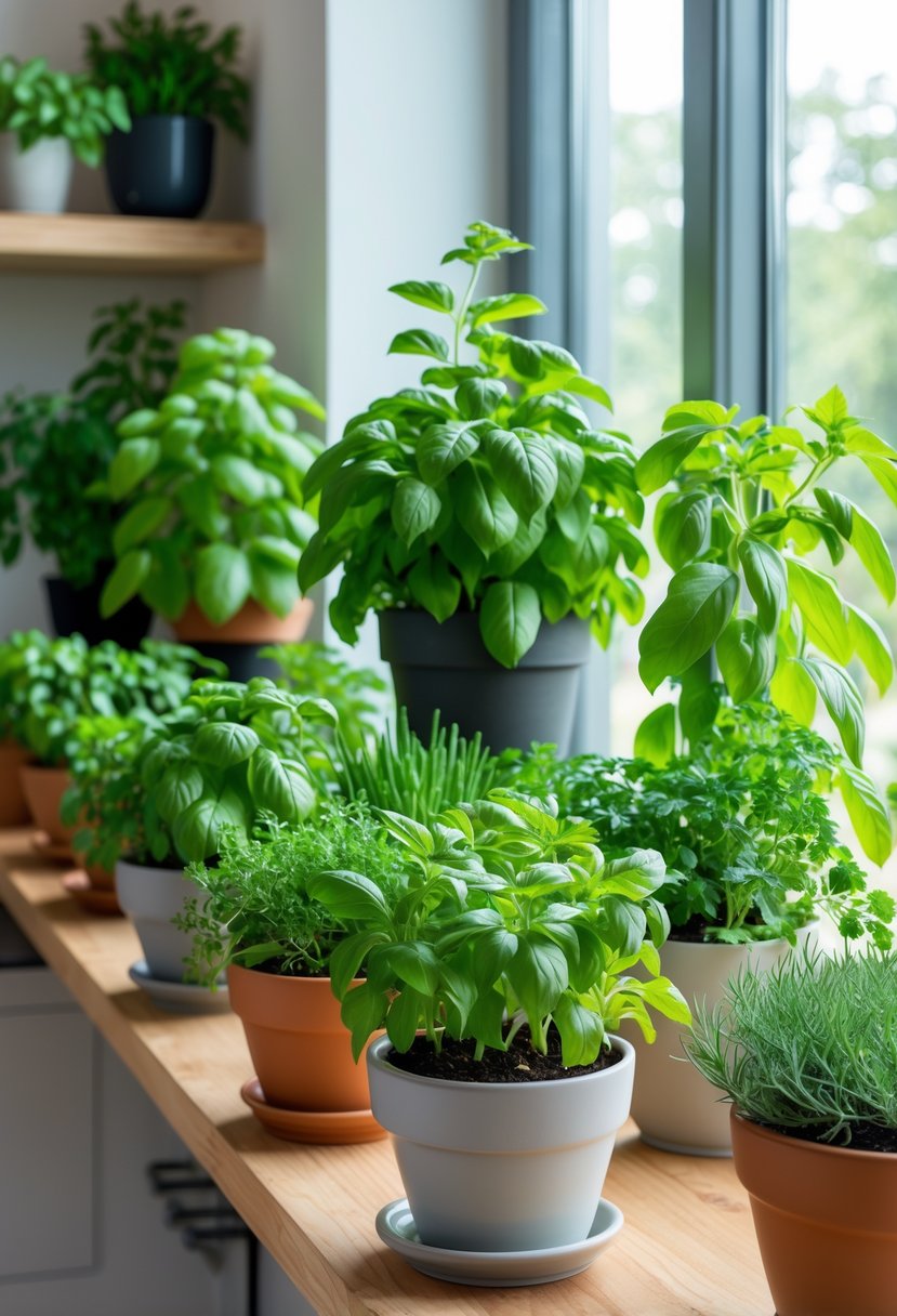 Ten different edible plants growing indoors in pots on a wooden shelf and windowsill near a window with natural light.