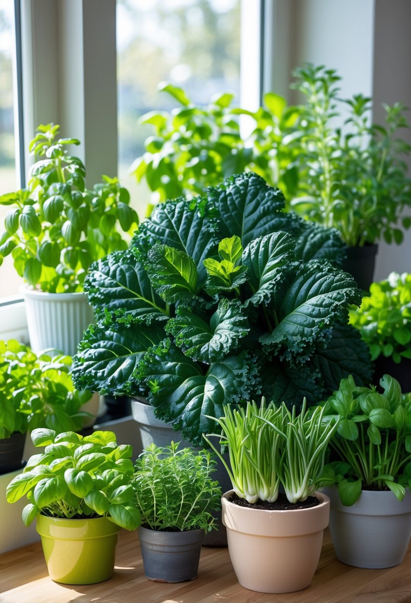 A variety of ten healthy edible plants, including kale, growing in pots indoors on a windowsill and countertop with sunlight coming through a window.