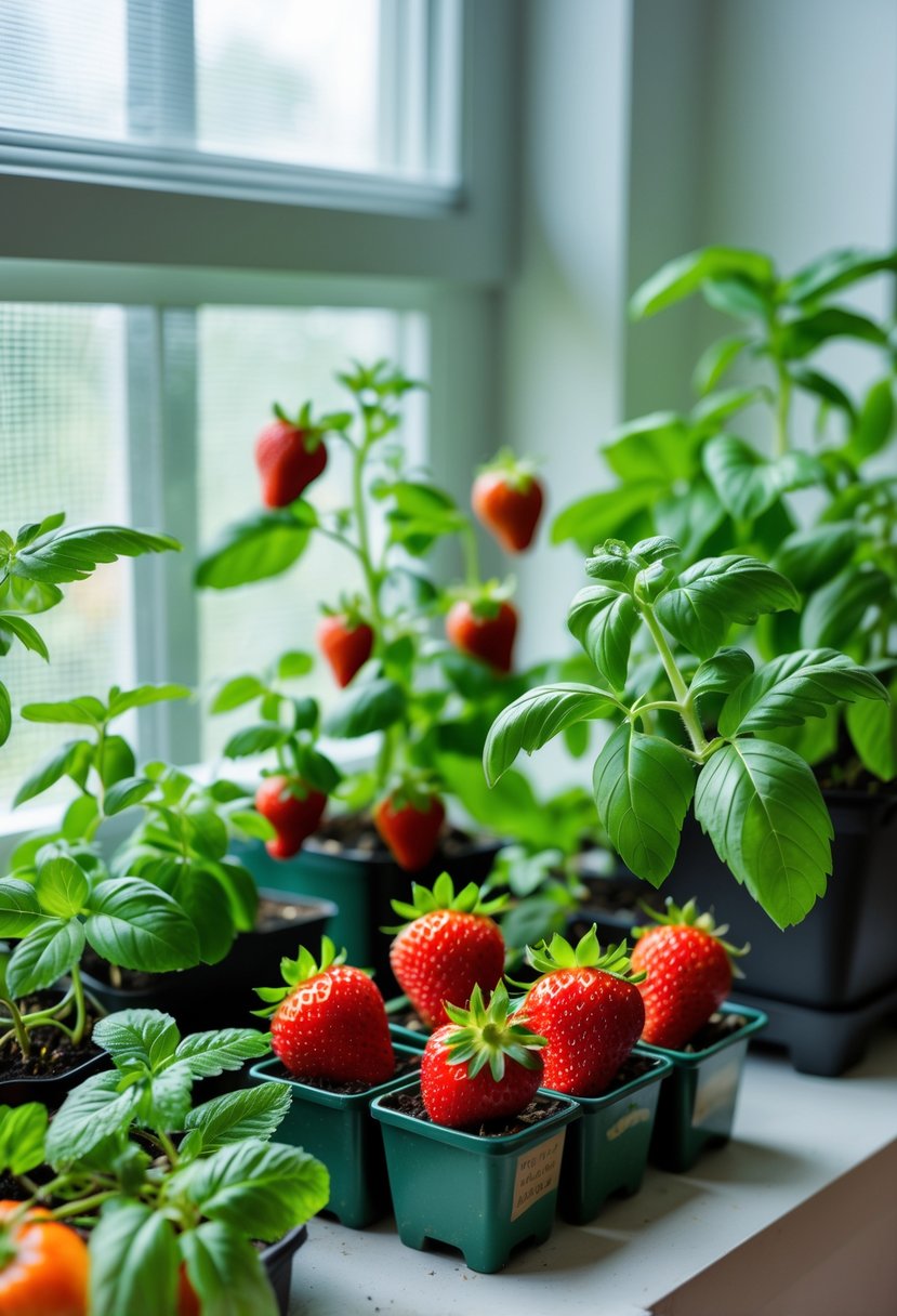 Ripe strawberries and other edible plants growing in pots on a sunny indoor windowsill.