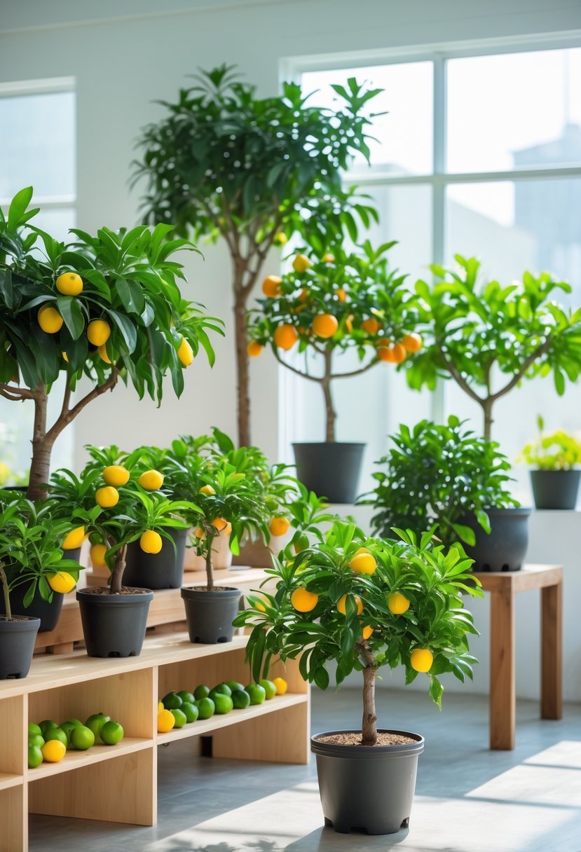 A collection of ten dwarf citrus trees with green leaves and ripe fruits displayed indoors near a sunlit window.