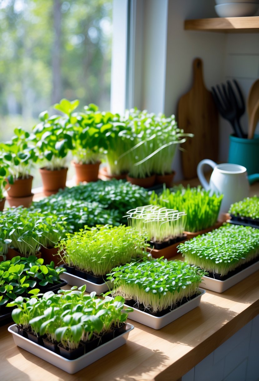Various types of fresh microgreens growing indoors in small pots on a kitchen countertop with natural light.