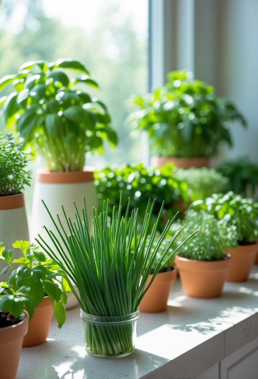 A bright indoor windowsill with ten different edible plants in pots, including prominently displayed fresh green chives and other herbs.