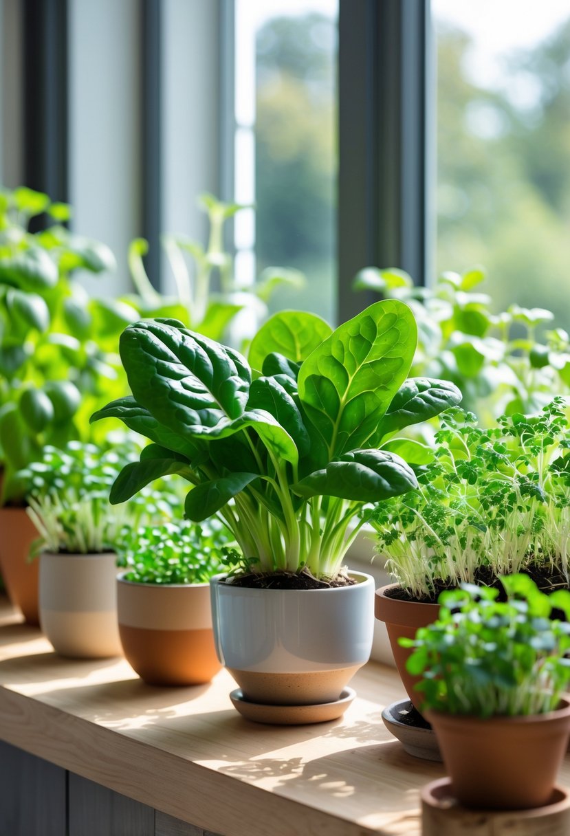 A variety of fresh edible plants, including a healthy spinach plant, growing in pots on a kitchen countertop near a sunlit window.