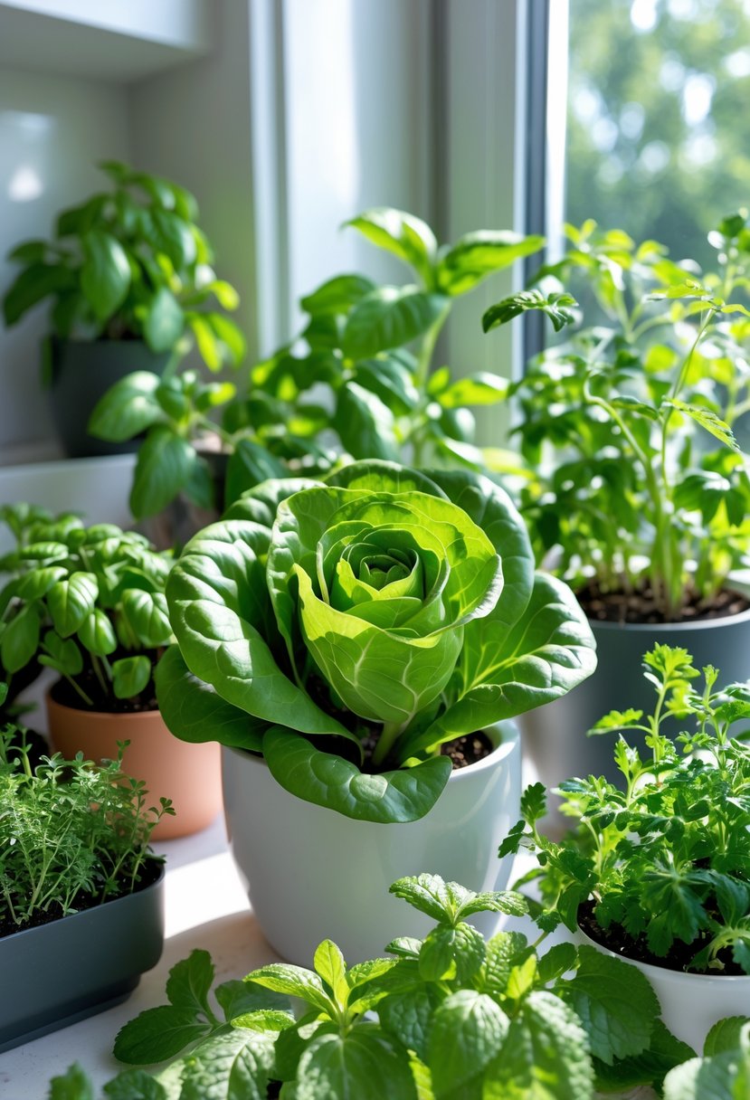 A sunlit indoor windowsill with 10 different edible plants, including a prominent green lettuce, growing in pots inside a modern kitchen.