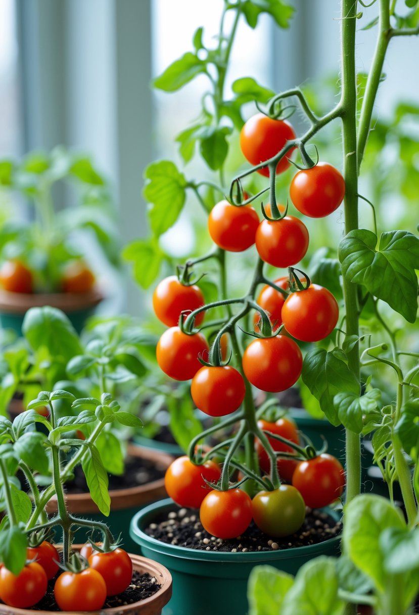 Ripe cherry tomatoes growing on green vines indoors among various potted edible plants with natural light coming through a window.